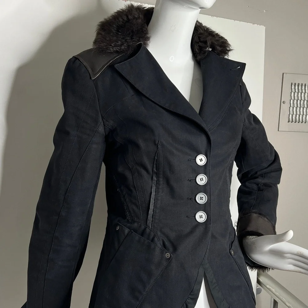 SportMax Code Sz 8 Cotton Leather Fur Fitted Quilted Interior Blazer Jacket